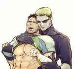  2boys abs albert_wesker bara bare_pectorals beard blonde_hair blush brown_hair cake chris_redfield clothes_lift commentary_request facial_hair feeding food food_on_body food_on_face green_shirt hair_slicked_back holding holding_cake holding_food large_pectorals lifted_by_another male_focus mature_male multiple_boys muscular muscular_male nipple_press nipples pectorals resident_evil shirt shirt_lift short_hair sideburns snaaaking stomach stubble sunglasses upper_body yaoi 