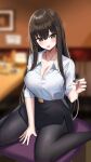  1girl absurdres bangs black_eyes black_hair black_legwear black_skirt blurry blurry_background blush breasts cleavage commentary_request crossed_bangs english_commentary eyebrows_visible_through_hair foot_out_of_frame hair_between_eyes hanasaka_houcha high-waist_skirt highres holding kneeling large_breasts long_hair long_sleeves looking_at_viewer mixed-language_commentary open_mouth original pantyhose pencil_skirt pillow shirt shirt_tucked_in sitting skirt smile solo tented_shirt wariza white_shirt 