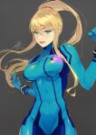  1girl blonde_hair blue_bodysuit blue_eyes bodysuit breasts commentary_request fadingz grey_background highres large_breasts long_hair long_sleeves looking_at_viewer metroid metroid_dread mole mole_under_mouth open_mouth ponytail samus_aran signature simple_background solo 