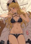  1boy 1girl ahoge bed_sheet bell bikini black_bikini blonde_hair blue_eyes blush breasts cleavage commentary_request condom condom_wrapper dark-skinned_male dark_skin fanbox_username fingernails frilled_bikini frills hachimiya_meguru highres icarus_(632247131) idolmaster idolmaster_shiny_colors large_breasts long_hair lying navel neck_bell on_back pillow swimsuit 