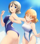  2girls ahoge black_swimsuit blue_eyes blue_sky braid breasts cloud commentary_request competition_swimsuit cowboy_shot day grey_hair highres love_live! love_live!_sunshine!! medium_breasts multiple_girls one-piece_swimsuit orange_hair pataneet red_eyes ribbon short_hair side_braid sky swimsuit takami_chika watanabe_you white_swimsuit yellow_ribbon 