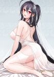  1girl ass azur_lane backless_dress backless_outfit black_hair breasts cocktail_dress dress earrings evening_gown full_body garter_straps hair_strand highres jewelry large_breasts long_hair looking_at_viewer official_alternate_costume open_mouth plunging_neckline red_eyes sai-go satin_dress see-through_dress silver_footwear sleeveless sleeveless_dress solo taihou_(azur_lane) taihou_(temptation_on_the_sea_breeze)_(azur_lane) very_long_hair wedding_dress white_dress white_garter_straps 