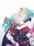  2girls absurdres aqua_hair bang_dream! braid commentary_request couple demon_horns demon_tail demon_wings dress face-to-face gloves green_eyes hand_in_another&#039;s_hair highres hikawa_hina hikawa_sayo holding_tail horns hug incest long_hair looking_at_another multiple_girls red_dress red_gloves short_hair siblings sisters tail twincest twins walluku wings yuri 