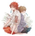 2boys alternate_costume back-to-back bangs black_pants blue_shirt brown_hair cropped_legs from_side gran_(granblue_fantasy) granblue_fantasy long_hair male_focus mouth_hold multiple_boys open_clothes open_shirt pants percival_(granblue_fantasy) plant red_hair red_pants sawa2 shirt simple_background sitting spiked_hair wet white_background white_shirt 