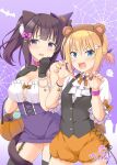  2girls :d animal_ear_fluff animal_ears bangs bat bear_ears black_gloves black_hair black_legwear black_vest blonde_hair blue_eyes blush bow breasts brooch candy cat_ears claw_pose cleavage collar commentary_request eyebrows_visible_through_hair fake_animal_ears fang food frilled_gloves frills garter_straps ghost gloves hair_between_eyes halloween halloween_bucket jewelry kaiware-san lollipop medium_breasts multicolored_nails multiple_girls nail_polish orange_bow orange_nails orange_shorts original pink_collar puffy_short_sleeves puffy_shorts puffy_sleeves purple_background purple_eyes purple_nails purple_skirt shirt short_shorts short_sleeves shorts signature silk skirt smile spider_web striped striped_bow swirl_lollipop thighhighs twintails v-shaped_eyebrows vest white_shirt 