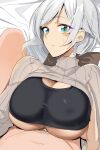  1boy 1girl architect_(frame_arms_girl) blue_eyes blush breasts closed_mouth clothed_female_nude_male clothes_lift doko_tetora frame_arms_girl grey_hair grey_sweater hetero huge_breasts looking_at_viewer lying male_pubic_hair navel nude on_back paizuri paizuri_under_clothes pov pov_crotch pov_legs pubic_hair ribbed_sweater straddling sweat sweater sweater_lift 