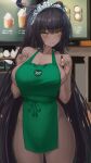  1girl apron b-pang bangs bare_shoulders black_hair blue_archive blush breasts cleavage collarbone dark-skinned_female dark_skin green_apron highres holding holding_marker iced_latte_with_breast_milk_(meme) karin_(blue_archive) large_breasts long_hair looking_at_viewer marker meme naked_apron revision thighs yellow_eyes 