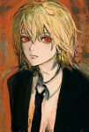  1boy black_necktie black_suit blonde_hair bright_pupils closed_mouth formal frown hair_between_eyes highres hunter_x_hunter kurapika male_focus necktie noroma02 painterly red_eyes sketch solo suit upper_body white_pupils 
