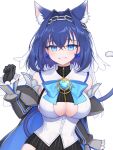  1girl animal_ear_fluff animal_ears bangs black_gloves black_skirt blue_bow blue_cape blue_eyes blue_hair bow bow_earrings breasts cape cat_ears cat_girl cat_tail chain cleavage cleavage_cutout clothing_cutout commentary detached_sleeves earrings eyebrows_visible_through_hair gem gloves grin hair_between_eyes head_chain heart hololive hololive_english jewelry large_breasts long_sleeves looking_at_viewer medium_hair ouro_kronii parted_lips pong_(vndn124) shirt simple_background skirt smile solo striped striped_skirt tail tail_raised teeth underboob upper_body vertical-striped_skirt vertical_stripes virtual_youtuber white_background white_shirt zipper 