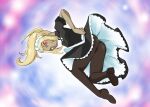  1girl apron ass blonde_hair breasts closed_mouth commentary_request dark-skinned_female dark_skin dress gravity_daze kitten_(gravity_daze) long_hair looking_at_viewer maid maid_headdress onnaski pantyhose red_eyes smile solo 