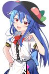  1girl black_headwear blue_hair blue_skirt blush bow bowtie buttons commentary e.o. eyebrows_visible_through_hair hair_between_eyes hat highres hinanawi_tenshi long_hair open_mouth puffy_short_sleeves puffy_sleeves red_bow red_bowtie red_eyes shirt short_sleeves simple_background skirt smile solo touhou white_background white_shirt 