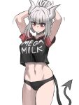  1girl alternate_costume arms_behind_head black_panties black_shirt blush breasts cropped_legs demon_girl demon_horns english_text eyebrows eyebrows_visible_through_hair helltaker highres horns jourd4n large_breasts lucifer_(helltaker) mega_milk navel panties red_eyes red_sleeves shirt tied_hair two-tone_shirt underwear white_background white_hair white_horns 