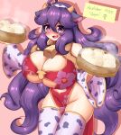  1girl @_@ alternate_breast_size breasts china_dress chinese_clothes cleavage cleavage_cutout clothing_cutout dress hex_maniac_(pokemon) highres huge_breasts inktober messy_hair mud_(artist) pokemon pokemon_(game) pokemon_xy purple_eyes purple_hair solo 