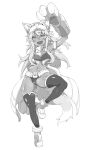  1girl :d animal_ears boots commentary_request copyright_request dark-skinned_female dark_skin full_body greyscale hand_up long_hair looking_at_viewer midriff monochrome navel panties simple_background smile solo standing standing_on_one_leg thighhighs underwear white_background yozo_(stanky) 