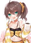  1girl :d absurdres ahoge bare_shoulders blush breasts brown_hair cleavage green_eyes hair_ornament hair_scrunchie highres hololive jacket looking_at_viewer medium_hair midriff natsuiro_matsuri navel noi_mine scrunchie side_ponytail simple_background skirt small_breasts smile solo virtual_youtuber white_background yellow_jacket yellow_skirt 