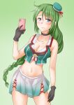  1girl anti_(untea9) bare_shoulders black_gloves blue_eyes blush braid breasts cellphone cleavage closed_mouth commentary_request cosplay cropped_shirt eyebrows_visible_through_hair gloves gradient gradient_background green_background green_hair green_headwear green_shirt hair_between_eyes hat highres holding kantai_collection long_hair maya_(kancolle) maya_(kancolle)_(cosplay) medium_breasts midriff mini_hat mole mole_under_mouth navel phone pleated_skirt school_uniform serafuku shirt skirt sleeveless solo stomach sweatdrop uniform very_long_hair white_skirt yuugumo_(kancolle) 