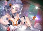  1girl animal_ears bangs bare_shoulders bell breasts cat_ears cat_tail choker closed_mouth eyebrows feet_out_of_frame gloves hair_ornament highres hitowa large_breasts long_hair looking_at_viewer lying neck_bell on_side original silver_hair smile tail thighhighs underwear white_gloves white_legwear 