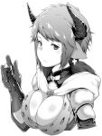  1girl animal_ears armor breasts cleavage closed_mouth commentary_request draph earrings granblue_fantasy greyscale hood hood_down horns jewelry large_breasts looking_at_viewer monochrome pauldrons short_hair shoulder_armor simple_background solo sturm_(granblue_fantasy) upper_body white_background yozo_(stanky) 