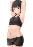  1girl absurdres armpits arms_behind_head arms_up bangs bare_arms bike_shorts black_eyes black_hair black_shorts black_sports_bra blunt_bangs blush breasts cameltoe collarbone cowboy_shot eyebrows_visible_through_hair highres looking_to_the_side navel original parted_lips shinonon_(iso_shino) shorts simple_background small_breasts solo sports_bra standing white_background 