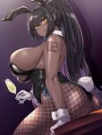  1girl animal_ears ass bangs bare_shoulders black_hair black_leotard blue_archive blush breasts cup dark-skinned_female dark_skin detached_collar drinking_glass fake_animal_ears fishnet_legwear fishnets gloves highleg highleg_leotard highres karin_(blue_archive) large_breasts leotard long_hair looking_at_viewer moisture_(chichi) playboy_bunny ponytail rabbit_ears rabbit_tail sideboob sidelocks sitting solo tail thighs white_gloves yellow_eyes 