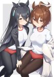  2girls absurdres agnes_tachyon_(umamusume) ahoge animal_ears bangs black_hair black_jacket black_legwear blush breasts brown_eyes brown_hair brown_legwear buruma clipboard commentary_request ear_piercing eyebrows_visible_through_hair feet_out_of_frame grey_background grin gym_uniform hair_between_eyes highres hirota_fruit horse_ears jacket labcoat long_hair long_sleeves manhattan_cafe_(umamusume) medium_breasts multiple_girls open_clothes open_jacket pantyhose pantyhose_under_buruma parted_lips piercing red_buruma red_eyes shirt signature sleeves_past_fingers sleeves_past_wrists small_breasts smile twitter_username two-tone_background umamusume very_long_hair white_background white_shirt 