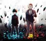  2boys aoki_(fumomo) aura black_hair blue_eyes brown_hair formal gakuran hand_up kageyama_shigeo mob_psycho_100 multiple_boys official_style psychic red_eyes rubble school_uniform suit suzuki_touichirou 