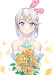  +_+ 1girl bangs bare_shoulders blue_eyes blush bouquet brooch closed_mouth collarbone commentary_request crystal detached_collar dress emerald_(gemstone) flower grey_hair hair_ornament happy highres holding holding_bouquet jewelry jpeg_artifacts level9kaito light_blush looking_at_viewer multicolored_eyes off-shoulder_dress off_shoulder official_alternate_costume petals purple_eyes rose short_hair sidelocks simple_background smile solo standing stella_(world_flipper) straight-on swept_bangs upper_body white_background white_dress white_flower world_flipper yellow_flower yellow_rose 