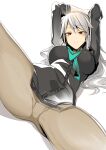  1girl alice_gear_aegis black_shirt blue_necktie blush breasts brown_eyes character_request closed_mouth doko_tetora grey_hair grey_legwear hands_up highres large_breasts long_hair looking_at_viewer lying necktie on_back pantyhose shirt simple_background solo spread_legs white_background 