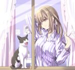  1girl arm_behind_head bangs blonde_hair blunt_bangs breasts brown_eyes buttons cat commentary_request curtain_grab curtains eyebrows_visible_through_hair fangs half-closed_eyes kodama_naoko long_hair medium_breasts open_mouth original pajamas smile striped striped_pajamas upper_body window yawning 