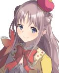  1girl atelier_(series) atelier_meruru bao_(s_888) blue_eyes bow brown_hair closed_mouth crown dress highres long_hair looking_at_viewer merurulince_rede_arls red_bow simple_background smile solo twitter_username white_background 