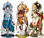  3girls black_hair blonde_hair blue_cape blue_eyes blue_hair blue_necktie blue_skirt bob_cut boots brown_jacket cape chisa_(doko_tetora) closed_mouth colored_inner_hair doko_tetora eel flower green_footwear green_skirt grey_jacket hair_ornament hand_up hiama_(doko_tetora) highres jacket long_hair long_sleeves looking_at_viewer medium_hair midriff miniskirt multicolored_hair multiple_girls navel necktie orange_hair orange_legwear orange_skirt original pantyhose profile red_cape red_flower red_rose rei_(doko_tetora) rose simple_background skirt standing thigh_gap torn_cape torn_clothes two-sided_cape two-sided_fabric white_background x_hair_ornament yellow_cape 