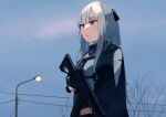  1girl :o ak-12 ak-12_(girls&#039;_frontline) assault_rifle black_gloves blue_sky braid commentary eyebrows_visible_through_hair french_braid girls&#039;_frontline gloves gun hair_ribbon highres hinami047 holding holding_gun holding_weapon kalashnikov_rifle long_hair looking_away open_mouth purple_eyes ribbon rifle silver_hair simple_background sky solo tactical_clothes upper_body weapon 