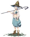  1girl :d blue_hair blue_skirt boots breasts brown_footwear brown_headwear cleavage copyright_request full_body hat hat_belt highres holding holding_staff long_sleeves looking_at_viewer midriff navel shirt_overhang simple_background skirt smile solo staff white_background wide_sleeves yellow_eyes yozo_(stanky) 
