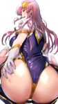  1girl ass ass_focus ass_grab back blue_eyes breasts gloves gundam gundam_seed gundam_seed_destiny hair_ornament highleg highleg_leotard highres large_breasts leotard looking_back meer_campbell nonohachi pink_hair purple_leotard star_(symbol) star_hair_ornament tongue tongue_out white_background white_gloves white_leotard 