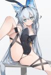  1girl ? alternate_costume animal_ear_fluff animal_ears arknights ass bar_censor breasts cameltoe cat_ears cat_tail censored crotchless crotchless_leotard expressionless green_eyes grey_background grey_hair highres leg_lift lifted_by_self long_hair looking_at_viewer mikojin on_table oversized_breast_cup playboy_bunny pussy rabbit_ears rosmontis_(arknights) simple_background sitting small_breasts solo spread_legs table tail thigh_strap very_long_hair wristband 