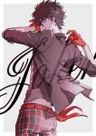  1boy amamiya_ren bangs black_eyes black_hair black_jacket black_shirt commentary_request from_behind glasses gloves grey_eyes hair_between_eyes head_tilt jacket looking_at_viewer male_focus pants parted_lips persona persona_5 persona_5:_dancing_star_night persona_dancing plaid plaid_pants profile red_gloves sawa2 shirt simple_background solo two-tone_background 