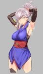  1girl armpits breasts cowboy_shot detached_sleeves earrings fate/grand_order fate_(series) grey_background grey_eyes grey_hair hair_tie hair_tie_in_mouth highres jewelry large_breasts long_sleeves looking_at_viewer miyamoto_musashi_(fate) mouth_hold obi ponytail presenting_armpit red_sash sash simple_background solo standing tying_hair yozo_(stanky) 