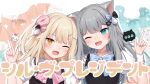 2girls ;d amashiro_natsuki animal_ear_fluff animal_ears bangs black_vest blonde_hair blue_bow blue_eyes bow brown_eyes cat_ears choker collared_shirt commentary_request doughnut_hair_ornament eyebrows_behind_hair fang food-themed_hair_ornament gokigen_naname grey_hair hair_ornament hairclip hand_up highres index_finger_raised indie_virtual_youtuber looking_at_viewer multiple_girls nacho_(amashiro_natsuki) one_eye_closed one_side_up open_mouth pink_bow puffy_short_sleeves puffy_sleeves shirt short_sleeves smile sparkle vest white_choker white_shirt 