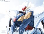  absurdres artist_name character_name cloud cloudy_sky commentary copyright_name english_commentary english_text green_eyes gundam gundam_hathaway&#039;s_flash highres kzchan mecha mobile_suit no_humans science_fiction sky solo upper_body v-fin xi_gundam 