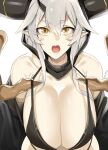  1girl bikini bikini_top black_bikini black_bra bra breasts claws commentary_request copyright_request doko_tetora grey_hair hands_up hanging_breasts highres hood hood_up horns horns_through_headwear huge_breasts huge_horns leaning_forward looking_at_viewer open_mouth orange_eyes oversized_forearms oversized_limbs pointy_ears sidelocks simple_background solo swimsuit teeth underwear upper_body upper_teeth white_background 