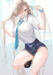  1girl asuna_(blue_archive) bangs blue_archive blue_eyes blush breasts candy collared_shirt commentary_request food grey_skirt hair_over_one_eye halo hamada_miku large_breasts light_brown_hair lollipop long_hair looking_at_viewer mouth_hold shirt shirt_tucked_in short_sleeves skirt tented_shirt thighs very_long_hair white_shirt 