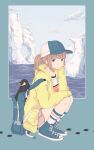  1girl ashima_fuji baseball_cap bird brown_eyes brown_hair converse footprints full_body hat highres hood hoodie iceberg multicolored_clothes multicolored_headwear multicolored_legwear original penguin ponytail shoes shorts sneakers solo squatting 