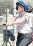  1girl ball baseball baseball_bat black_hair black_shorts blush breasts closed_mouth commentary_request helmet holding holding_baseball_bat jonsun medium_breasts mole mole_under_eye one_eye_closed original pink_eyes polo_shirt ponytail shirt short_hair shorts solo_focus tamami_(jonsun) white_shirt 