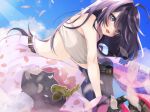  1girl bangs bare_shoulders black_hair blue_eyes blue_sky chest_sarashi cloud commentary_request day eyebrows_visible_through_hair ground_vehicle highres indie_virtual_youtuber kson looking_at_viewer midriff mole mole_under_eye motor_vehicle motorcycle pants petal_print print_pants sarashi sky solo souchou sukeban virtual_youtuber yakuman_(ykmn_illust) 