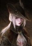  1girl absurdres black_headwear blood blood_on_clothes bloodborne commentary english_commentary grey_eyes hat highres jewelry juuliew lady_maria_of_the_astral_clocktower looking_at_viewer portrait solo white_hair 