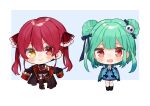  2girls :d ascot black_legwear blush bow chibi closed_mouth coat double_bun gradient_hair green_hair hair_bow hair_ornament hands_up heterochromia highres hololive houshou_marine long_sleeves looking_at_viewer multicolored_hair multiple_girls noi_mine open_clothes open_coat own_hands_together red_ascot red_eyes red_hair skull_hair_ornament smile thighhighs twintails uruha_rushia virtual_youtuber wide_sleeves yellow_eyes 