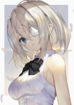  1girl absurdres black_bow black_bowtie blonde_hair blue_eyes bow bowtie breasts commentary eyepatch feathers hair_between_eyes highres looking_at_viewer medium_breasts original scottie_(phantom2) shirt short_hair sleeveless sleeveless_shirt solo upper_body white_eyepatch white_shirt 