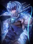  1boy artist_name blood blood_on_face blue_hair blurry blurry_background fairy_ranmaru:anata_no_kokoro_otasuke_shimasu gem gloves hair_ornament hand_up highres holding holding_weapon ikenie18 male_focus medium_hair pointy_ears seiren_uruu sidelocks solo standing weapon whip white_gloves 