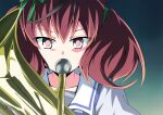  1girl animal_ears bangs blouse blue_blouse brown_eyes brown_hair commentary euphonium eyebrows_visible_through_hair gradient gradient_background green_ribbon grey_background hair_ribbon hibike!_euphonium highres holding holding_instrument horse_ears horse_girl instrument kamishima_kanon medium_hair music nice_nature_(umamusume) playing_instrument ribbon sailor_collar school_uniform solo tracen_school_uniform twintails umamusume white_sailor_collar 