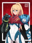  1girl arm_cannon artist_name blonde_hair blue_eyes eyebrows_visible_through_hair freydraws frown highres looking_at_viewer metroid metroid_dread mole mole_under_mouth ponytail power_suit samus_aran solo standing weapon 